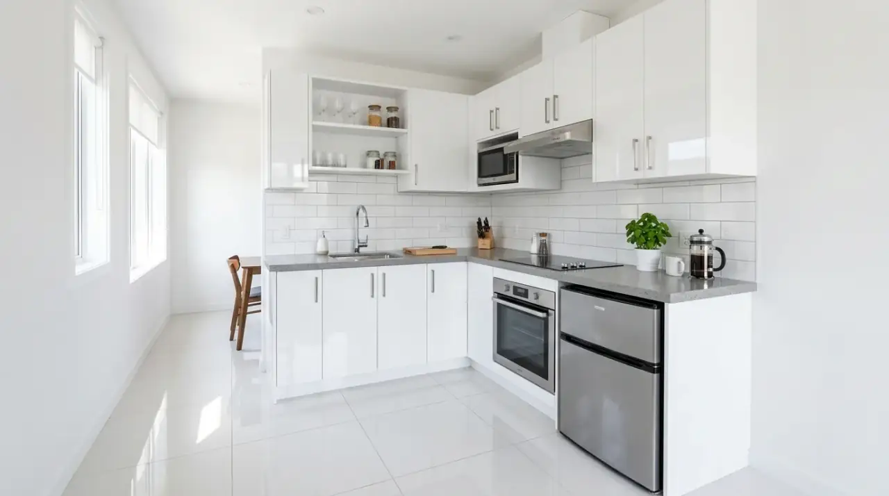 Open-plan kitchen flooring. Continuous floor surface linking the kitchen smoothly with adjoining rooms.