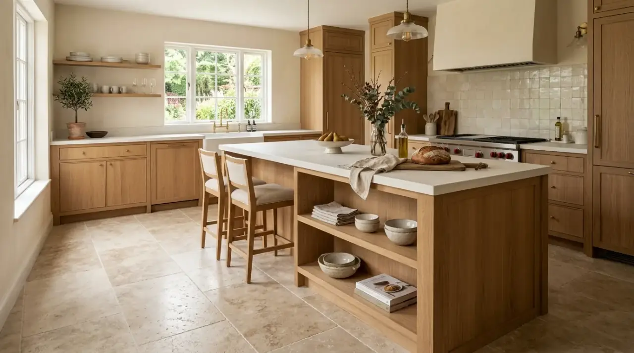 Slip-resistant kitchen floor. Practical modern surface combining style with safer everyday performance.