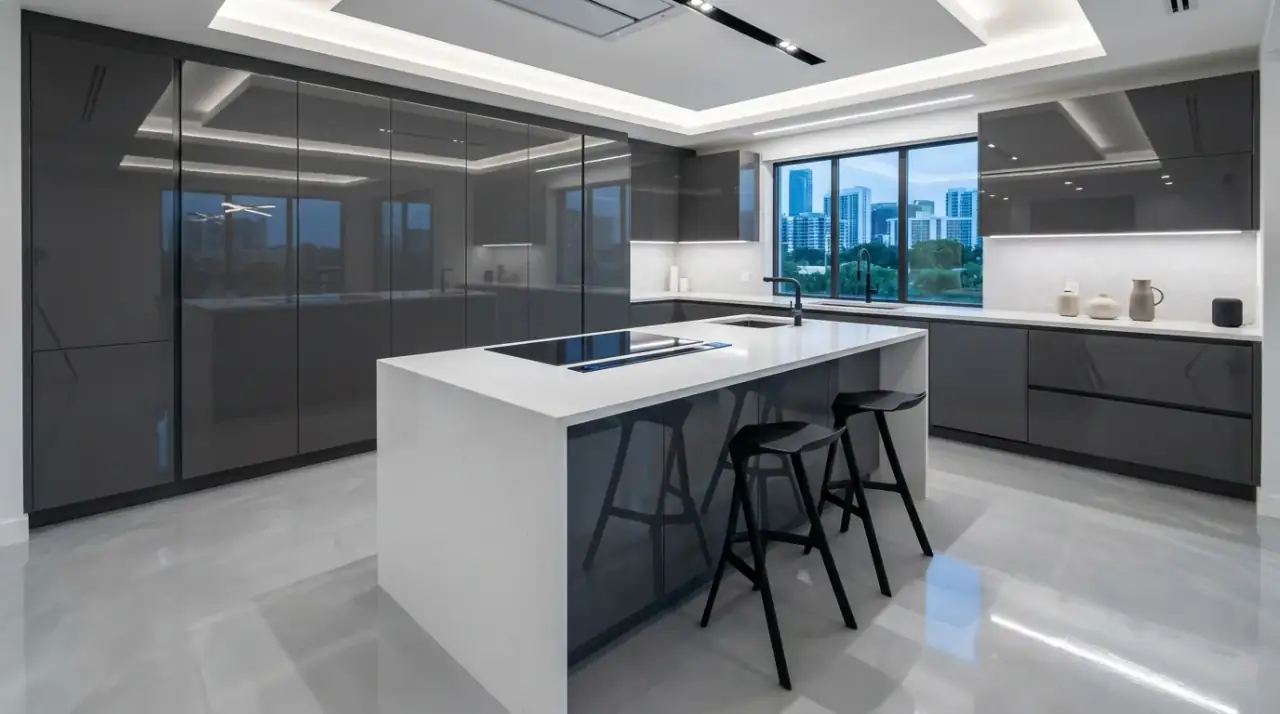 Radiant heated kitchen floor. Comfort-focused flooring system improving the feel of a modern kitchen.