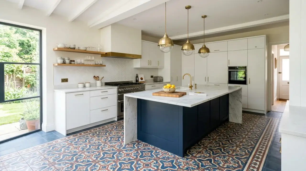Modern kitchen flooring overview. Durable floor design tying together style, performance, and daily comfort.