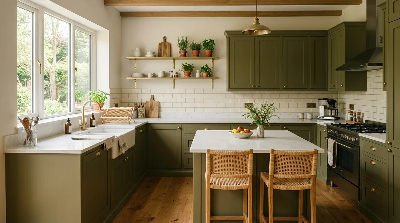 Earthy olive green kitchen cabinets creating a natural, grounded kitchen look.