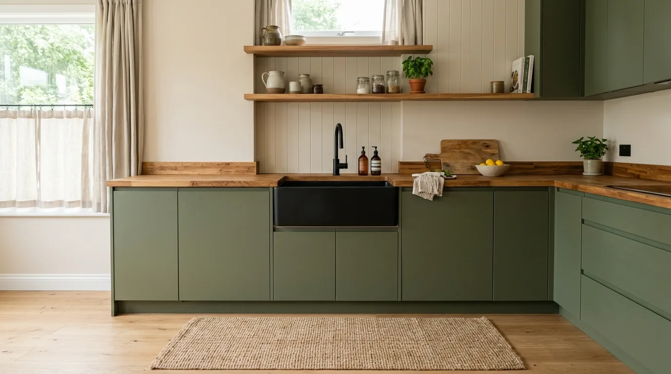 Matte olive cabinets with cream quartz. Natural kitchen palette with modern earthy cabinetry.