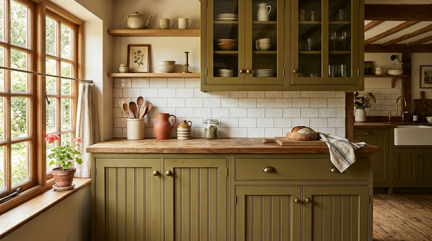 Olive beadboard kitchen cabinets. Textured earthy cabinetry with cottage warmth.