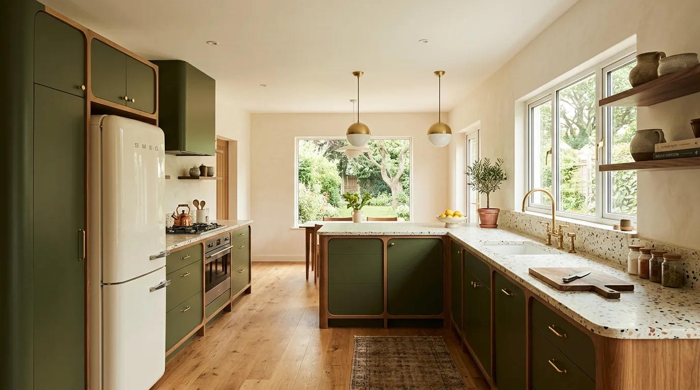 Olive cabinets with walnut accents. Natural layered kitchen with rich earthy contrast.