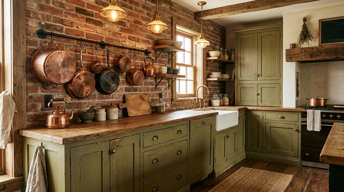 Distressed olive cabinets with brick backsplash. Rustic natural kitchen styling with earthy green cabinetry.