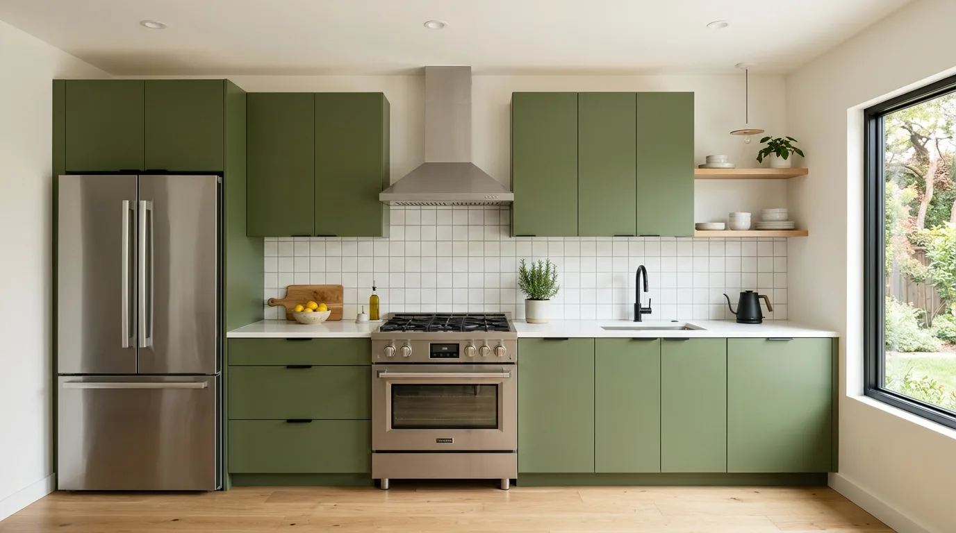 Olive lower cabinets with white uppers. Bright airy two-tone kitchen with earthy green base cabinets.