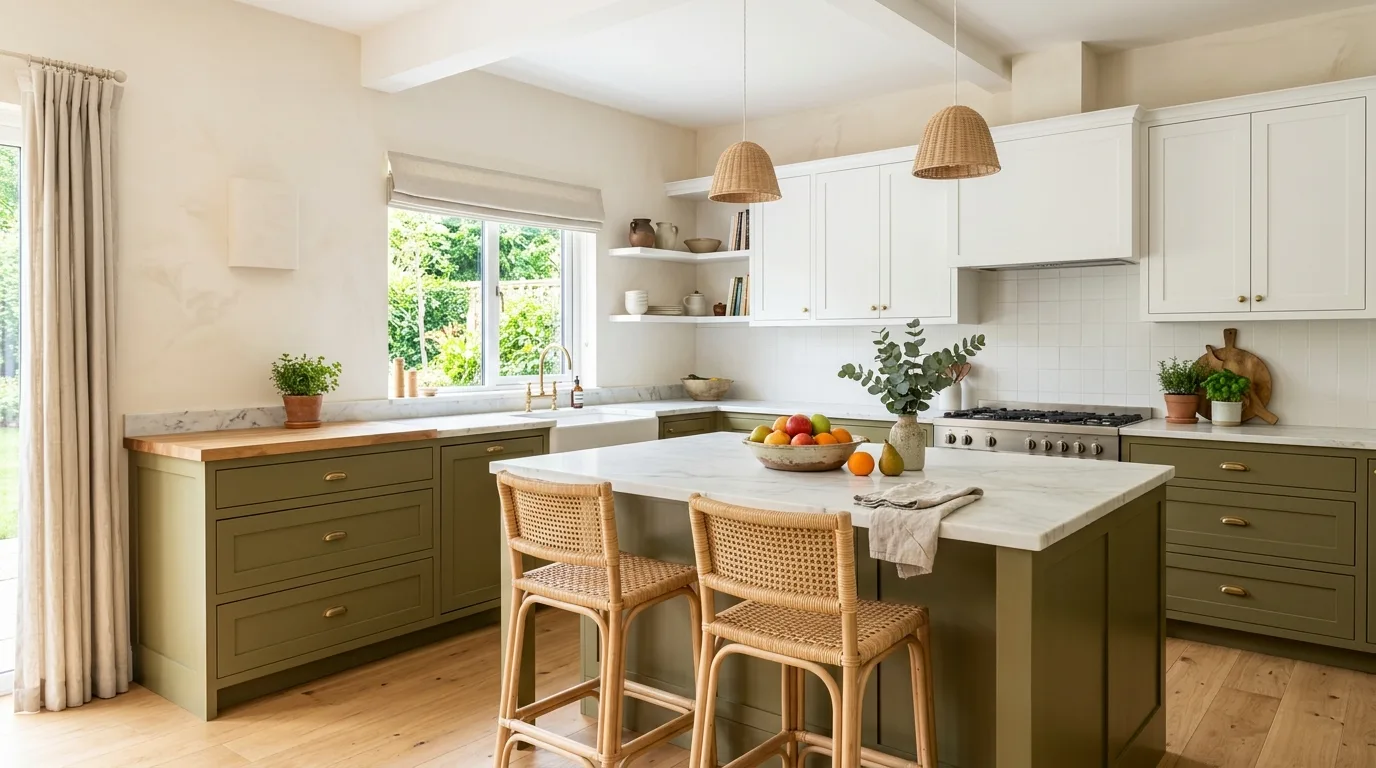 Olive cabinets with brass and plaster walls. Mediterranean-leaning earthy kitchen palette.