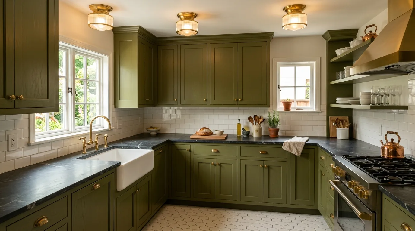 Minimal olive slab cabinets. Modern clean-lined kitchen with earthy green cabinetry.