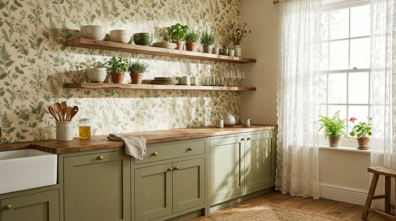 Olive cabinets with stone tile and woven accents. Textured earthy kitchen with natural visual layering.