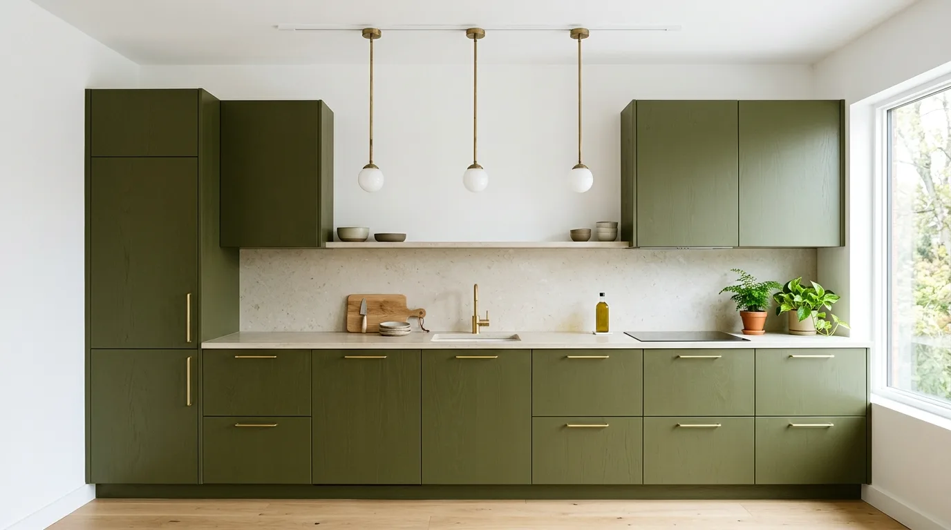 Olive kitchen island in neutral kitchen. Natural focal-point cabinetry with restrained earthy color.