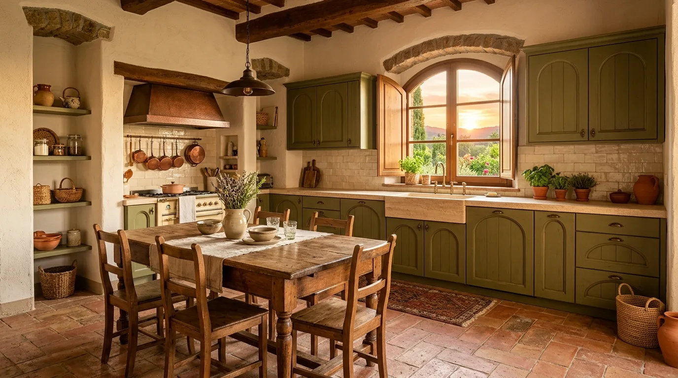 Olive cabinets with black fixtures. Earthy modern kitchen with defined dark contrast.