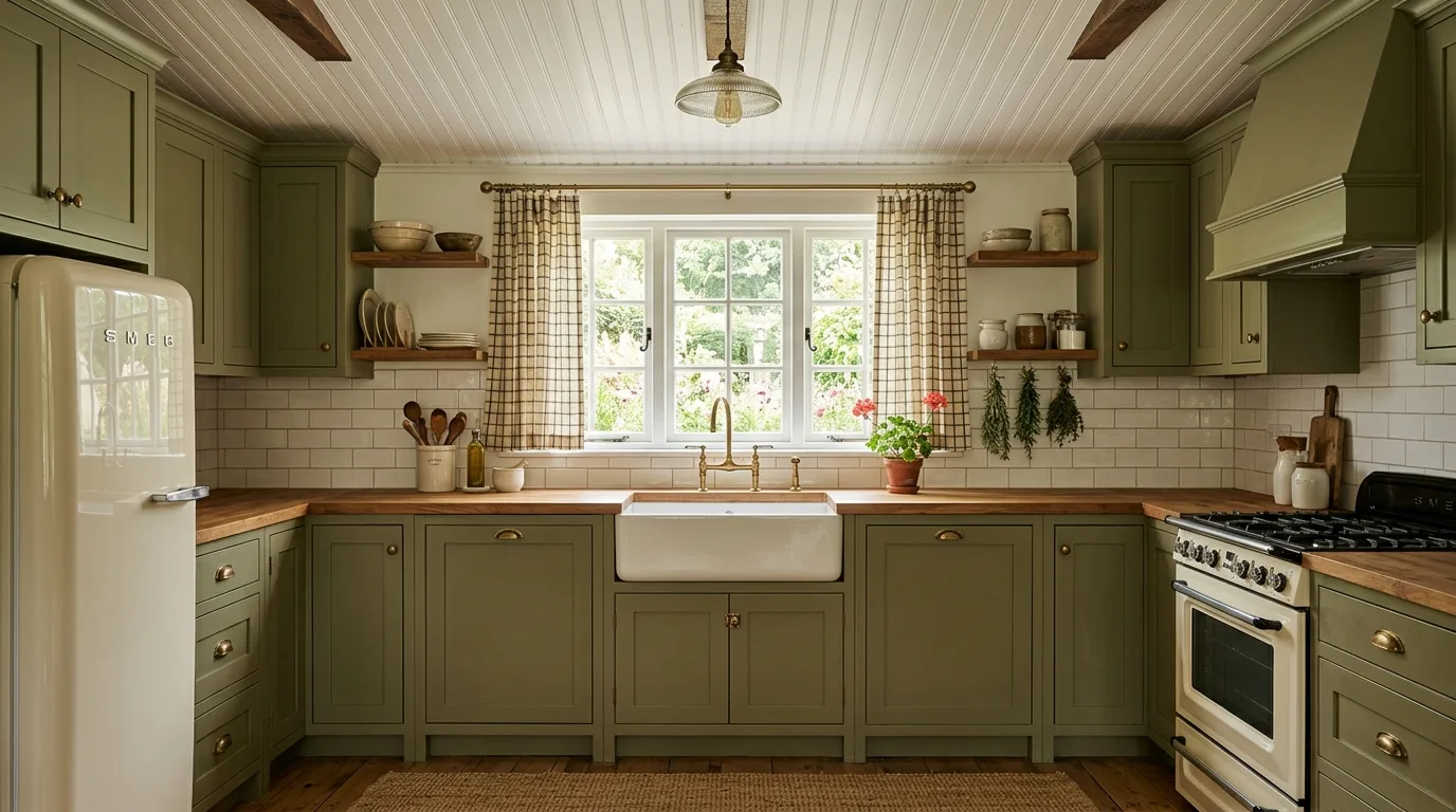 Arched olive green kitchen cabinets. Natural custom cabinetry with warm earthy styling.