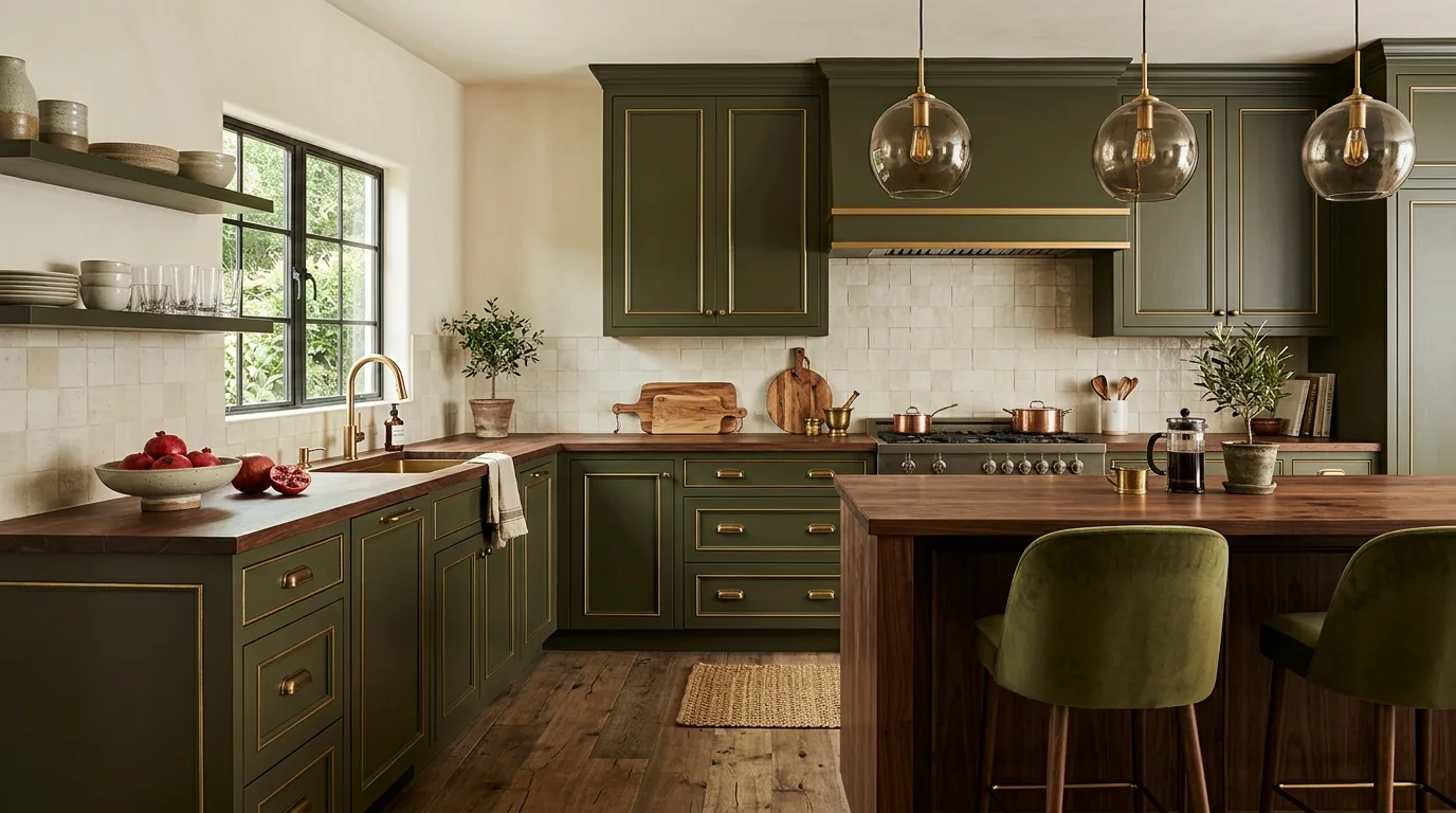 Olive cabinets around a breakfast nook. Warm natural kitchen styling with cozy integrated seating.