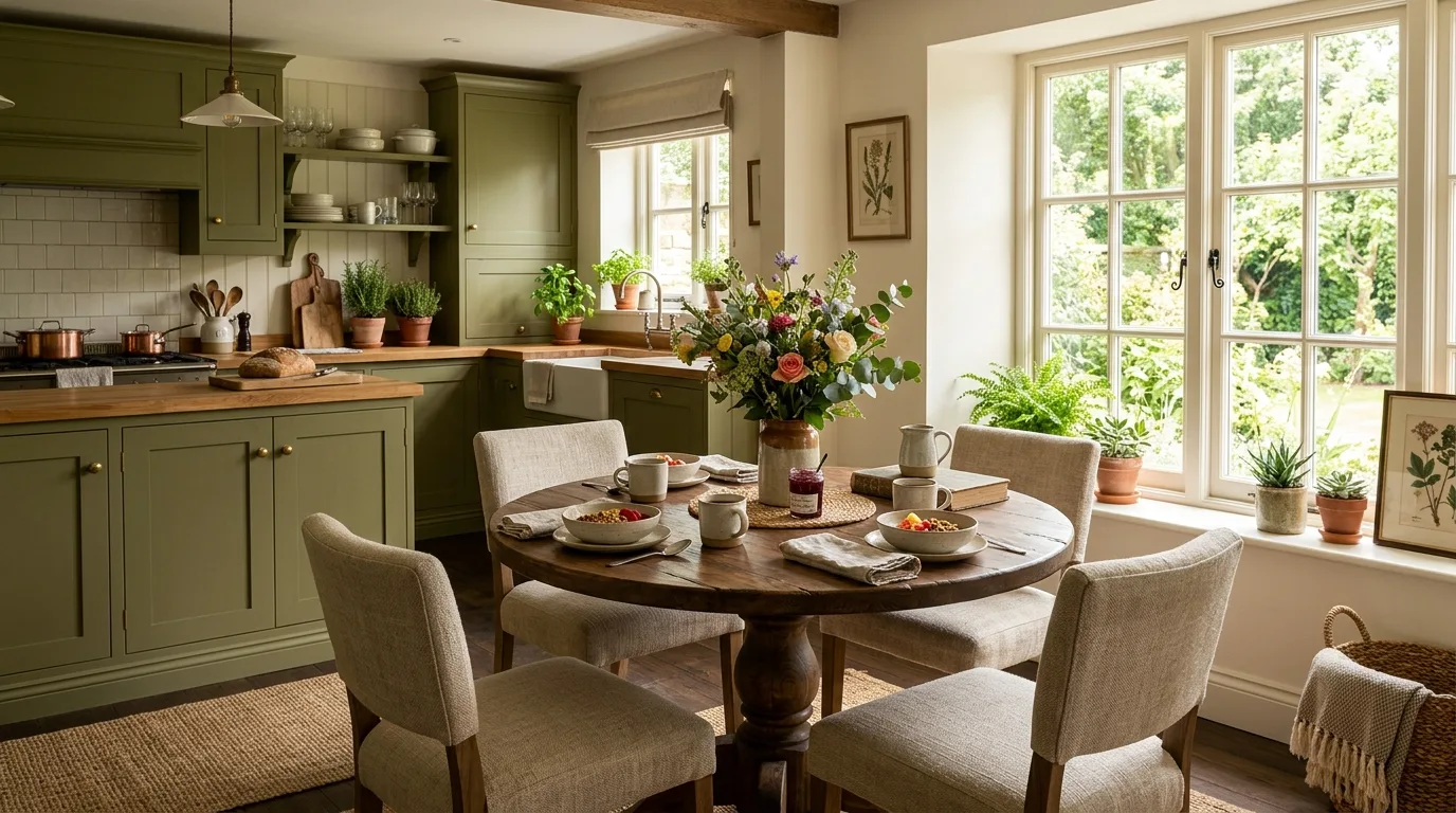 Olive cabinets integrated with whole kitchen palette. Natural cohesive room design built around earthy green cabinetry.