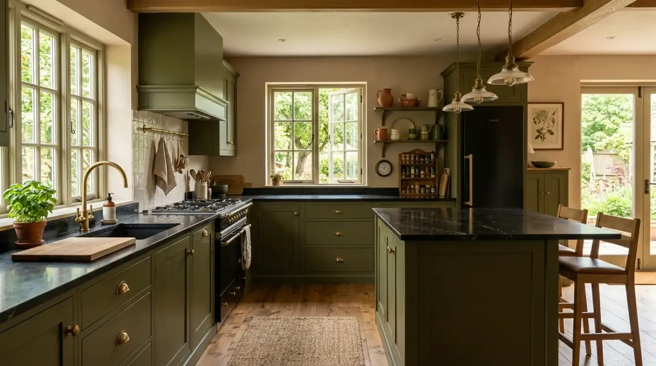 Earthy olive green kitchen cabinets with black countertops creating rich contrast and grounded style.