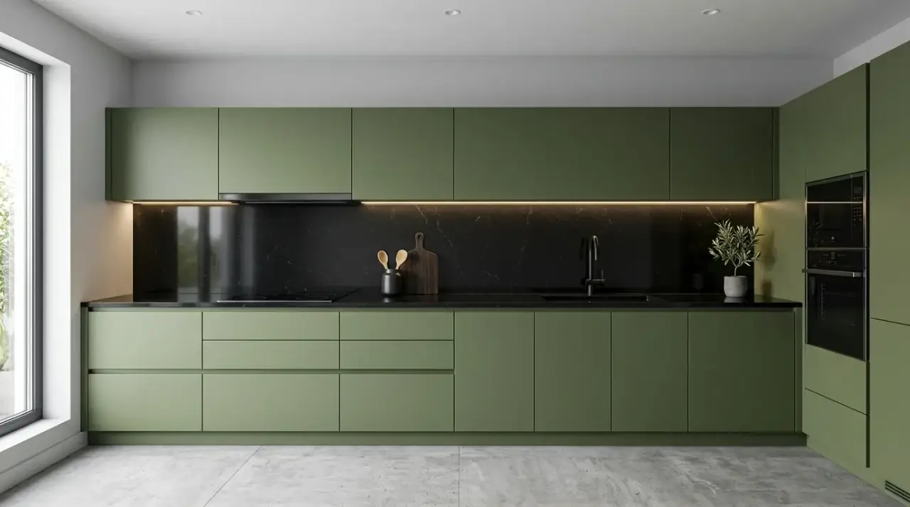 Olive black kitchen with brass. Olive green cabinets and black counters warmed by brass accents.