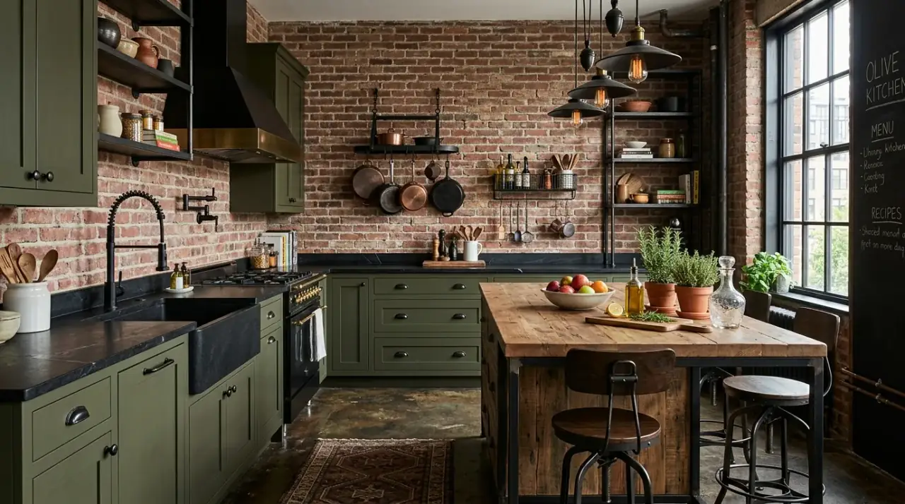 Wood in olive and black kitchen. Earthy olive kitchen with black counters and warm wood balance.