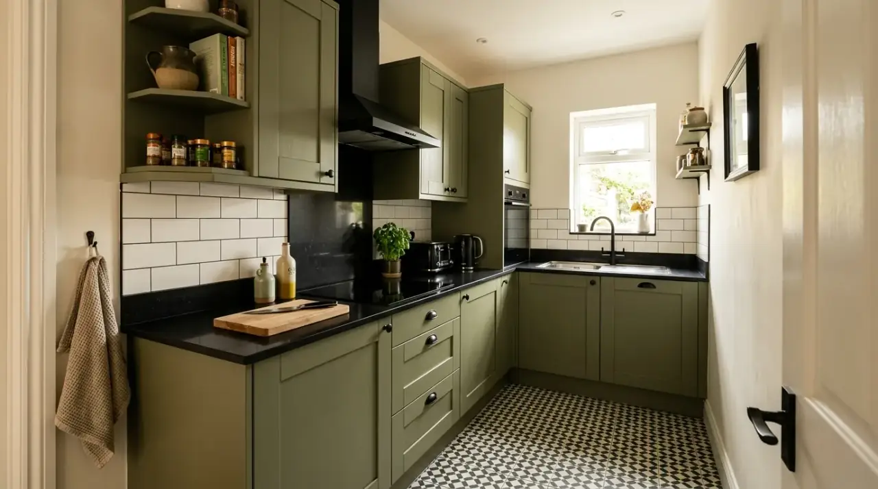 Light backsplash with olive black kitchen. Olive green cabinets and black countertops balanced by a lighter backsplash.