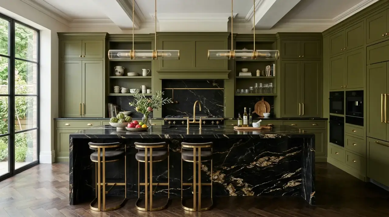 Muted olive green kitchen cabinets. Earthy olive green cabinets paired with black countertops in a muted tone.