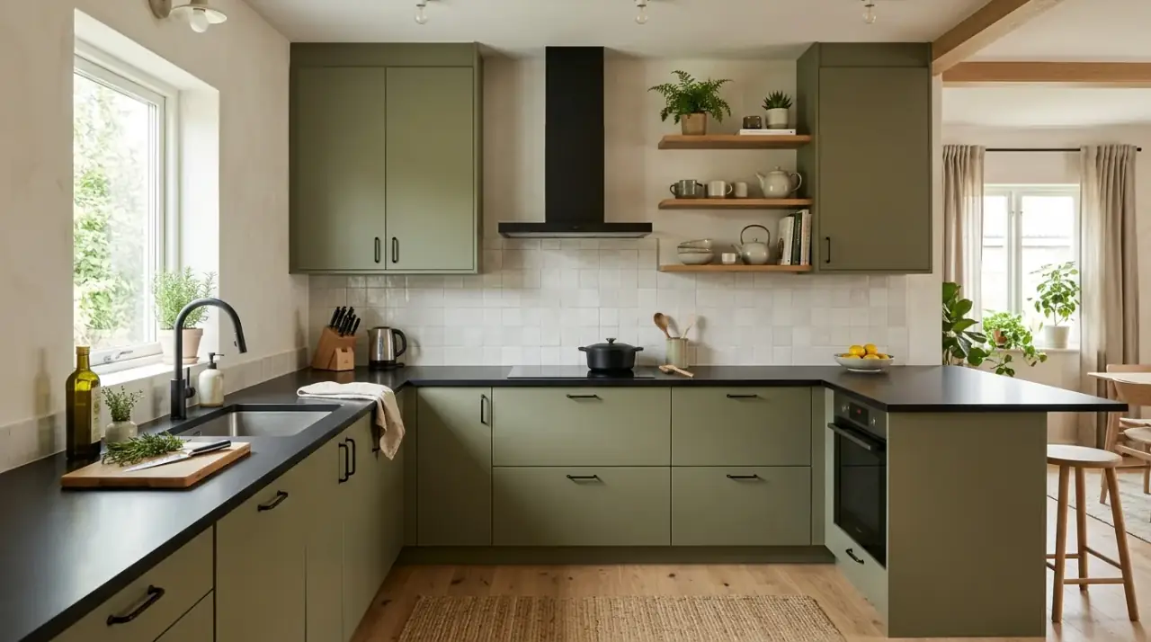 Open shelves in olive black kitchen. Olive green and black kitchen softened by a small section of open shelves.
