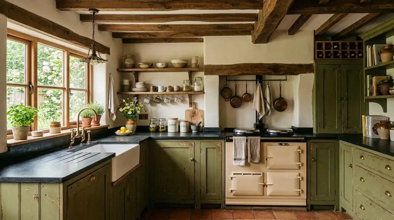 Stone and concrete olive kitchen. Earthy olive green kitchen with black counters and grounded stone finishes.