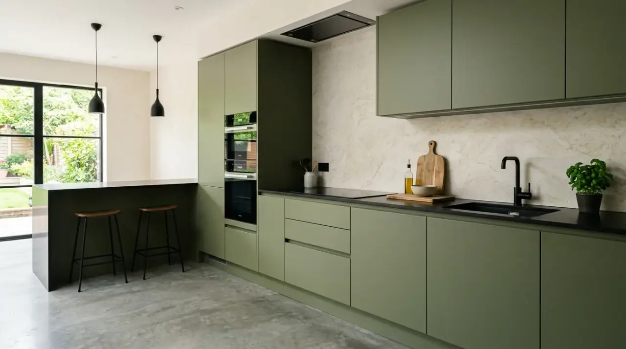 Lighting olive black kitchen. Olive green kitchen with black counters supported by strong lighting.