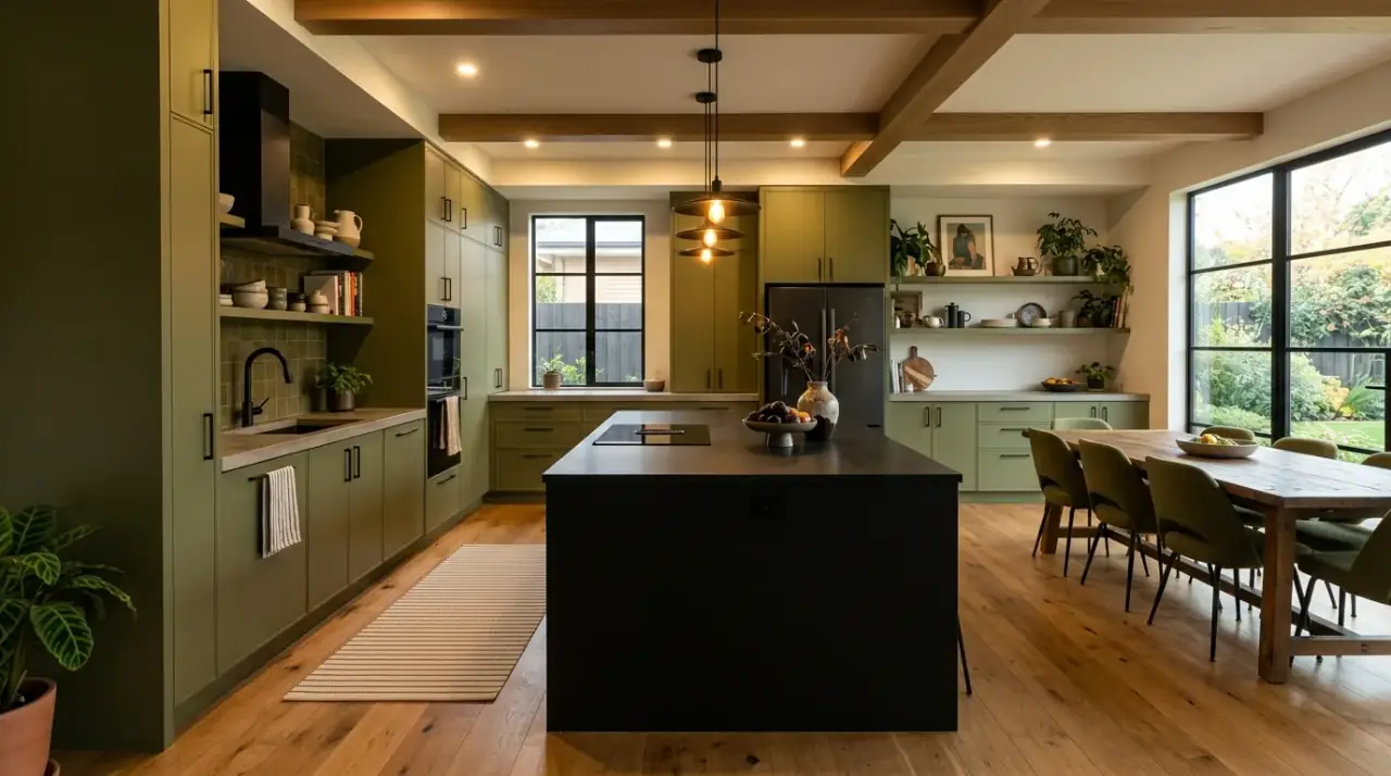 Black island countertop with olive kitchen. Olive kitchen using black countertops on the island for focused contrast.