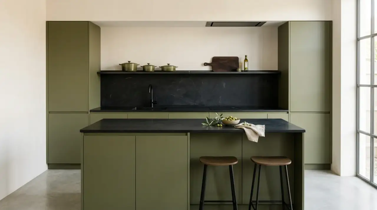 Plants in olive black kitchen. Earthy olive kitchen with black countertops and fresh greenery.