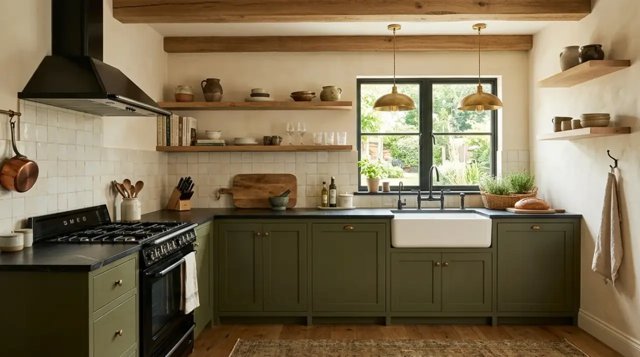 Textured tile olive black kitchen. Olive green and black kitchen with textured neutral backsplash tile.