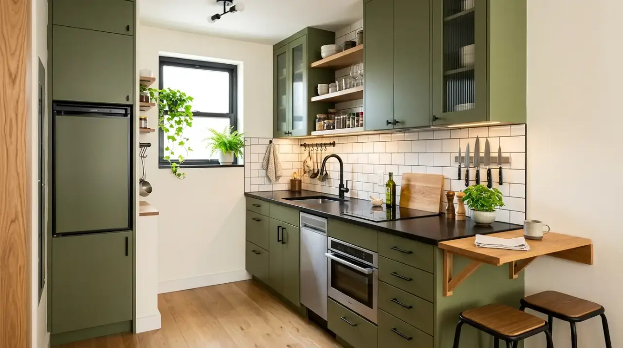 Flooring for olive black kitchen. Earthy olive kitchen with black countertops and warm supportive flooring.