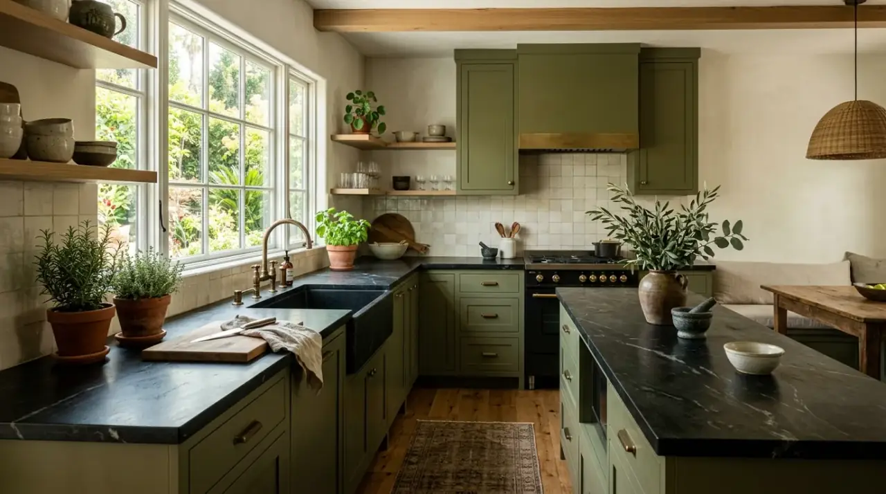 Olive black kitchen overview. Earthy olive green kitchen cabinets with black countertop contrast and warmth.