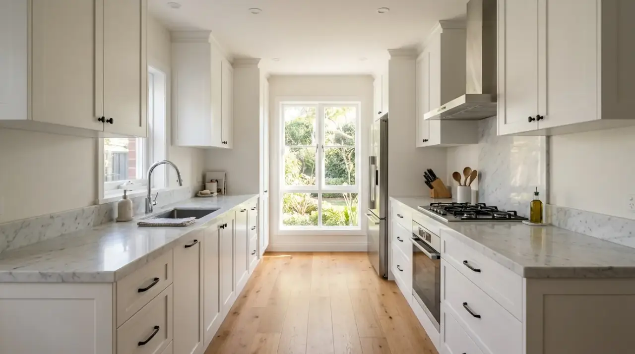 Efficient galley kitchen design for a streamlined and functional narrow space.
