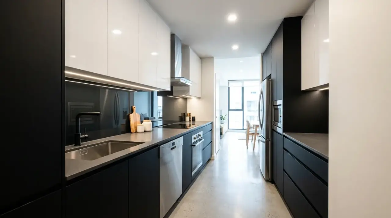 Galley kitchen tall end cabinets. Better cabinet placement improving function in a narrow kitchen layout.