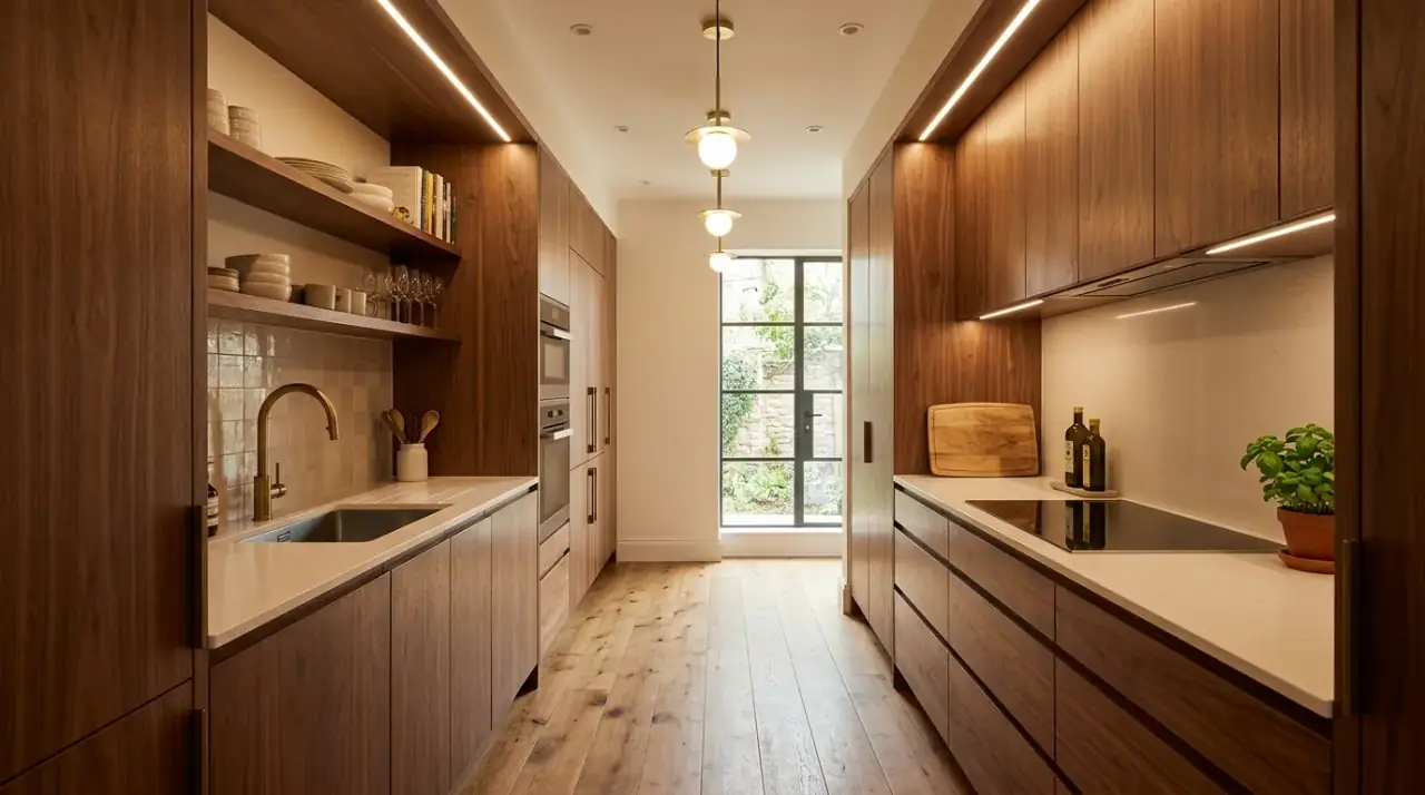 Galley kitchen prep zone. Focused counter planning improving efficiency in a narrow layout.
