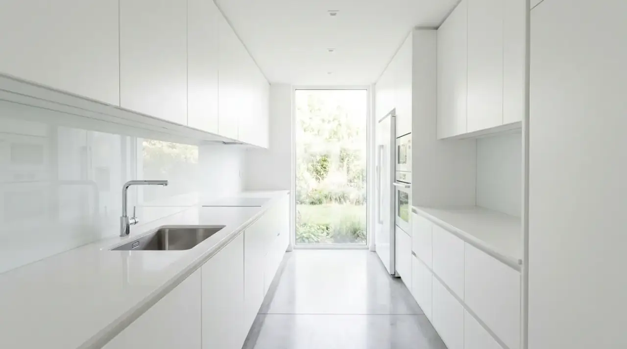 Galley kitchen under-cabinet lighting. Task lighting improving usability and brightness in a narrow kitchen.