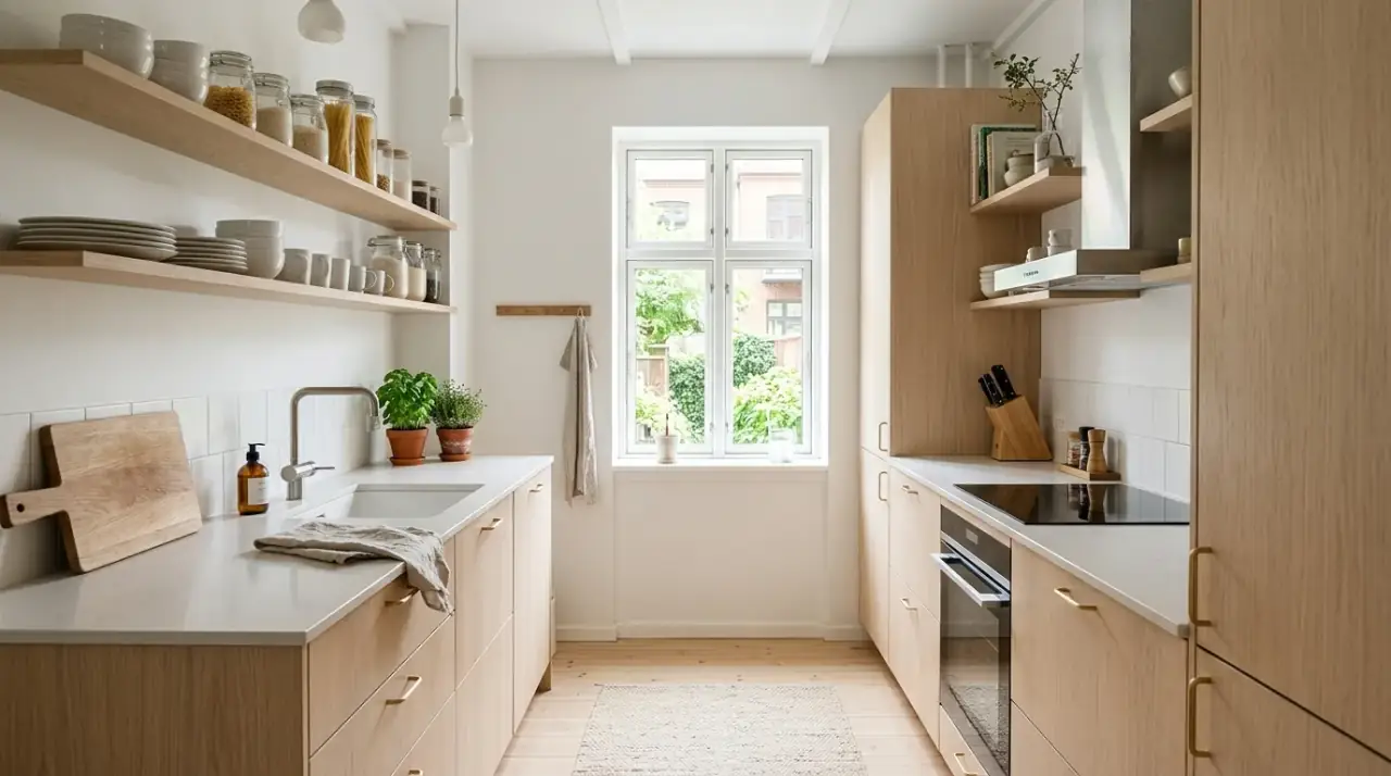 Simple galley kitchen floor. Continuous flooring helping a narrow kitchen feel longer and cleaner.
