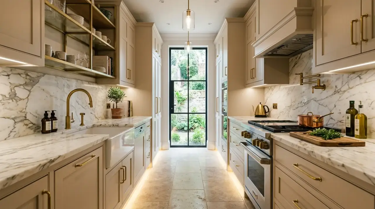 Galley kitchen drawers. Accessible lower storage making a narrow kitchen easier to work in.