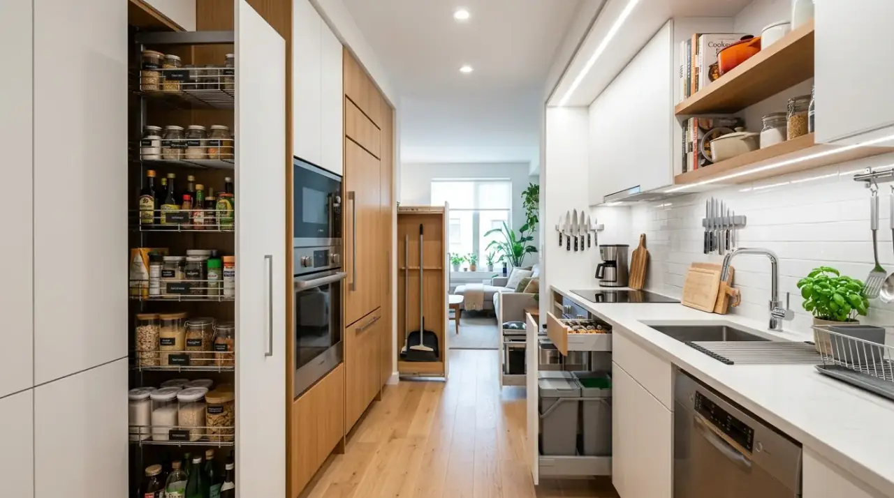 Open shelves in galley kitchen. Selective open storage relieving visual weight in a narrow kitchen.