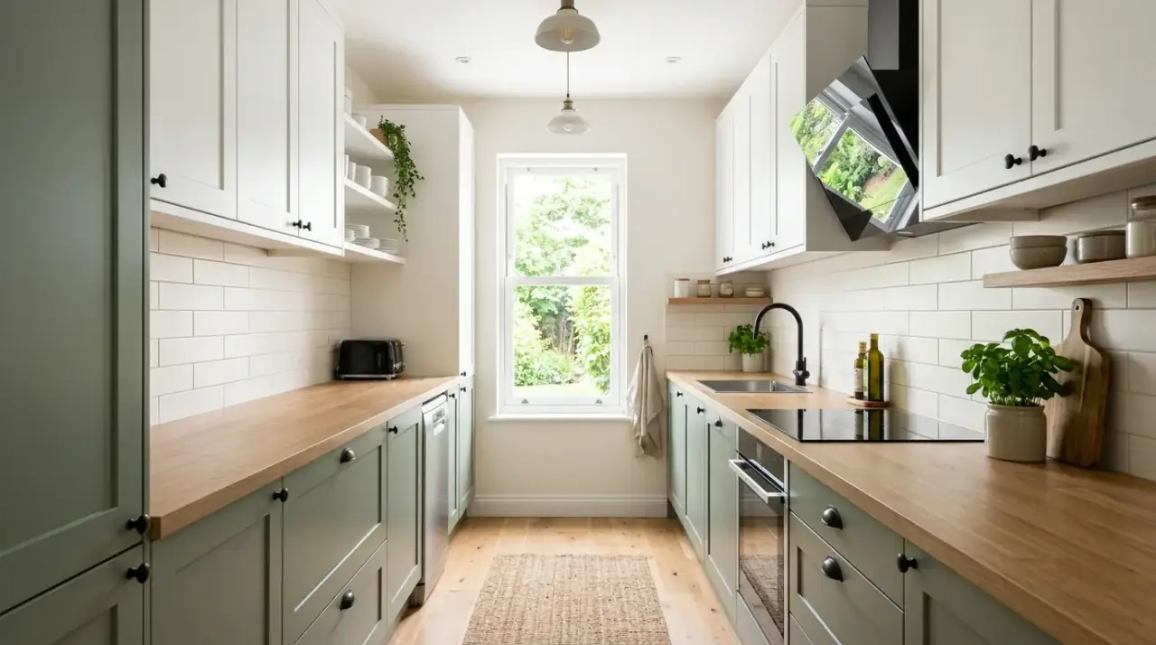 Galley kitchen appliance scale. Properly sized appliances preserving function in a narrow kitchen plan.