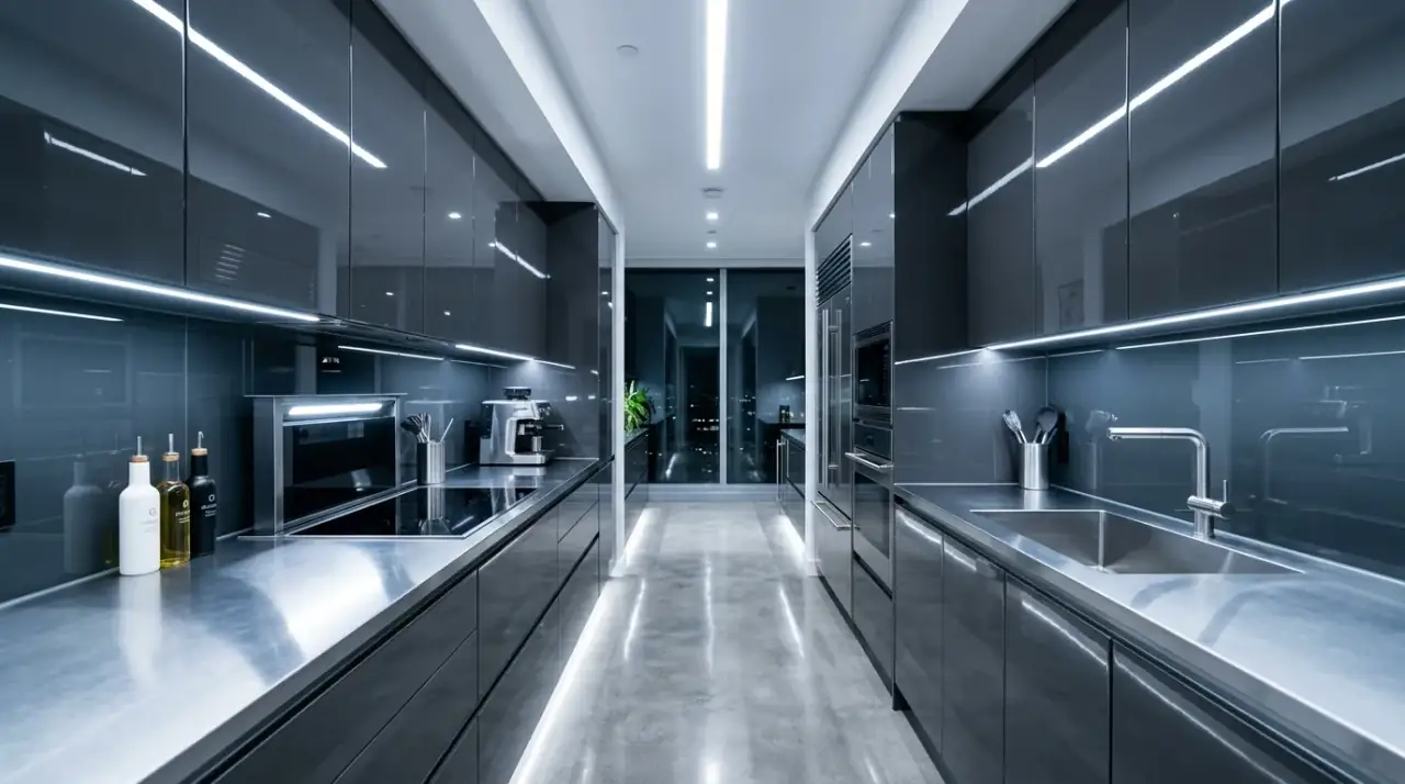 Reflective galley kitchen surfaces. Light-bouncing finishes helping a streamlined kitchen feel more open.