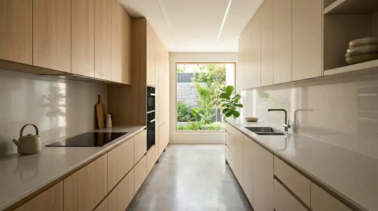 Glass cabinets in galley kitchen. Selective transparent storage reducing visual heaviness in a narrow space.