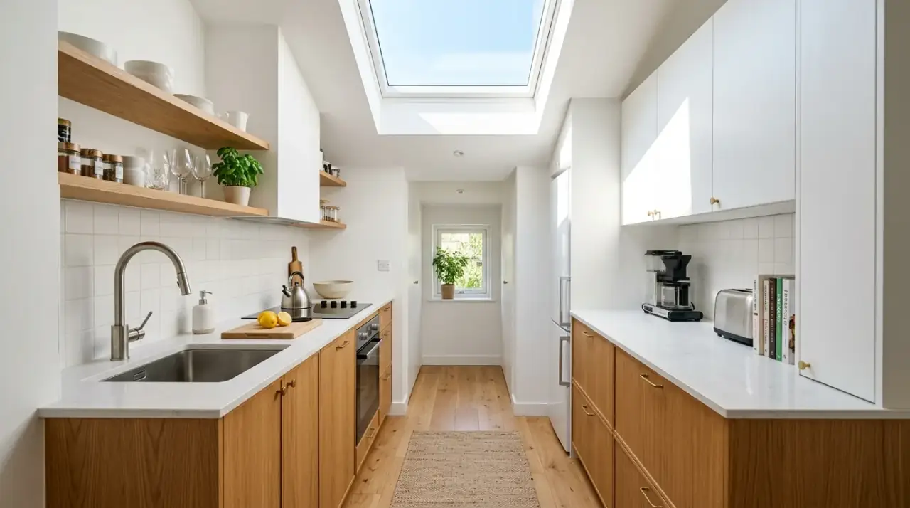 Minimal decor galley kitchen. Edited surfaces keeping a narrow kitchen streamlined and easy to use.