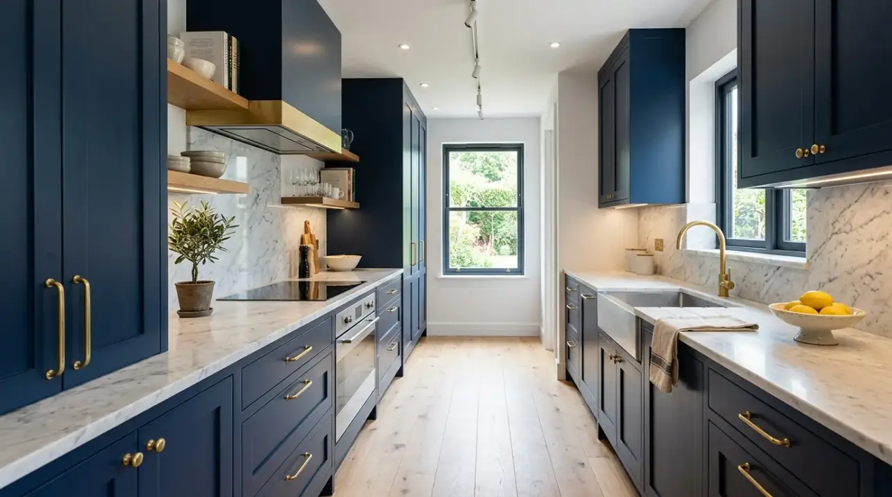 Light palette galley kitchen. Softer colors helping a narrow kitchen feel longer and calmer.