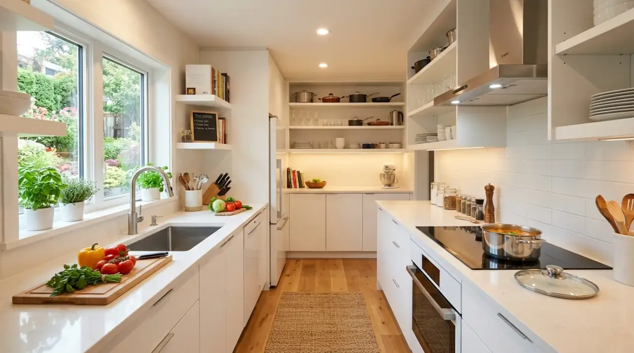Galley kitchen overview. Streamlined narrow kitchen designed with precision, light, and smart function.