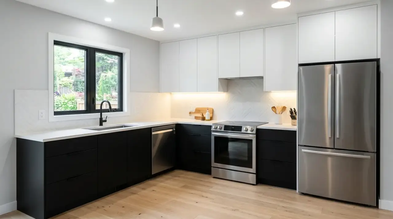 Corner prep area L-shaped kitchen. Useful prep counter planning making the L-shaped layout more functional.
