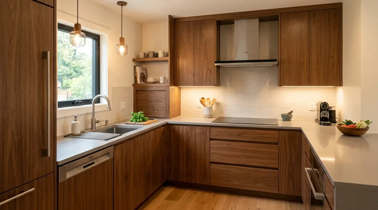 L-shaped corner cabinet storage. Smarter corner access helping an L-shaped kitchen use every inch better.