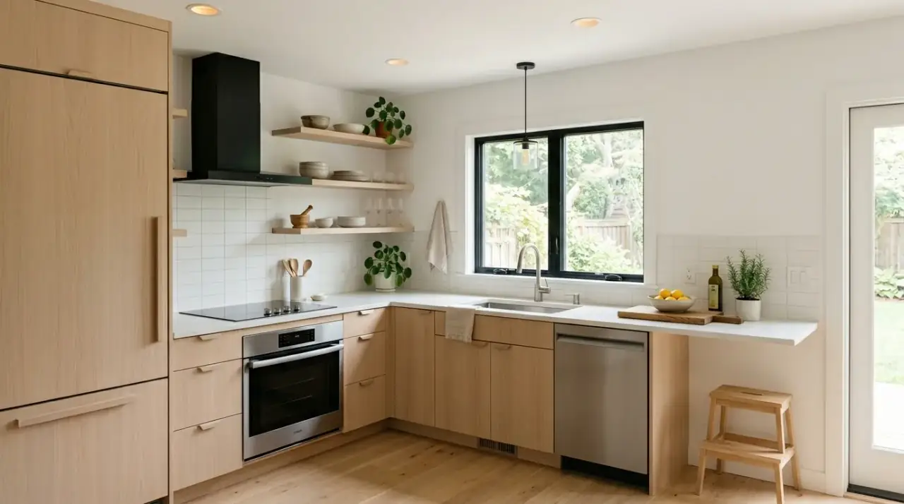 Sink placement in L-shaped kitchen. Well-placed sink improving light, landing space, and overall kitchen flow.