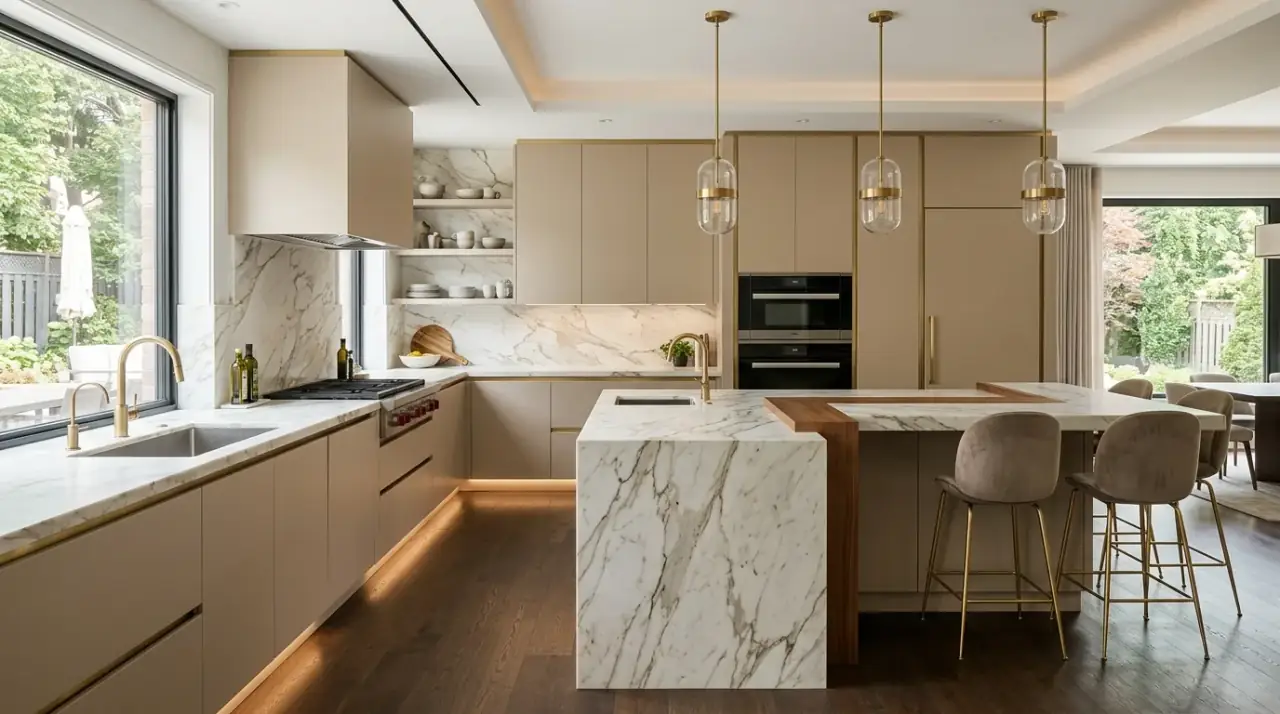 Island in L-shaped kitchen layout. Smart island planning preserving circulation in an efficient L-shaped kitchen.