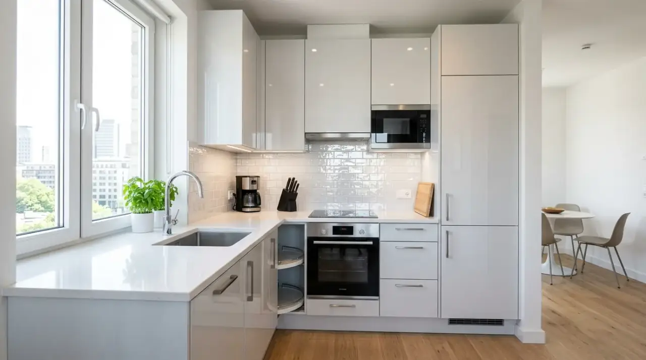 Open L-shaped kitchen wall. Less visual weight on one run helping the L-shaped kitchen feel more open.