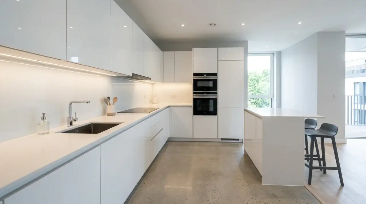 Lighting in L-shaped kitchen layout. Layered light helping the two main kitchen runs feel more intentional and efficient.